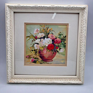 Modern Floral Roses Vase Framed Print Cottagecore Shabby Chic Wall Art 8" Square